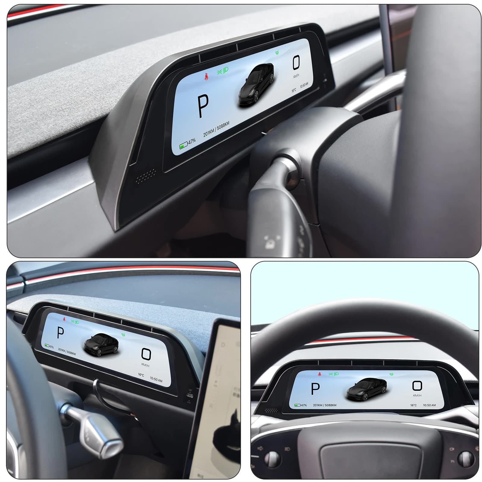Hersteller-Foto: drei Ansichten des Cockpit-Displays in verschiedenen Tesla-Modellen — Model 3 Highland, Model Y und Model 3.