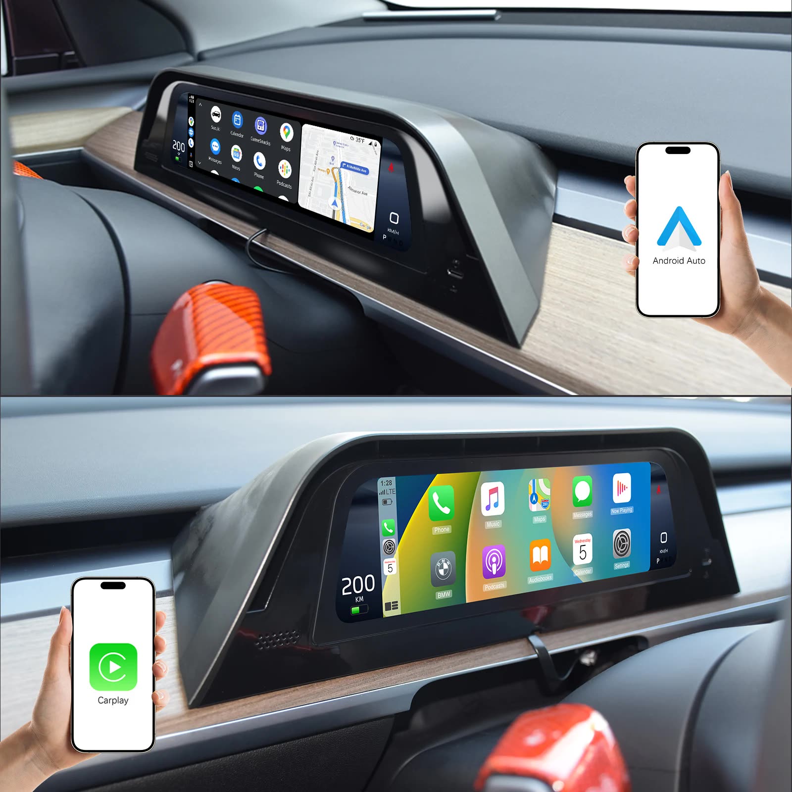 Hersteller-Foto: derselbe Schirm zeigt oben Android Auto mit Karten-App, unten Apple CarPlay mit Apps-Grid; daneben jeweils ein verbundenes Smartphone.