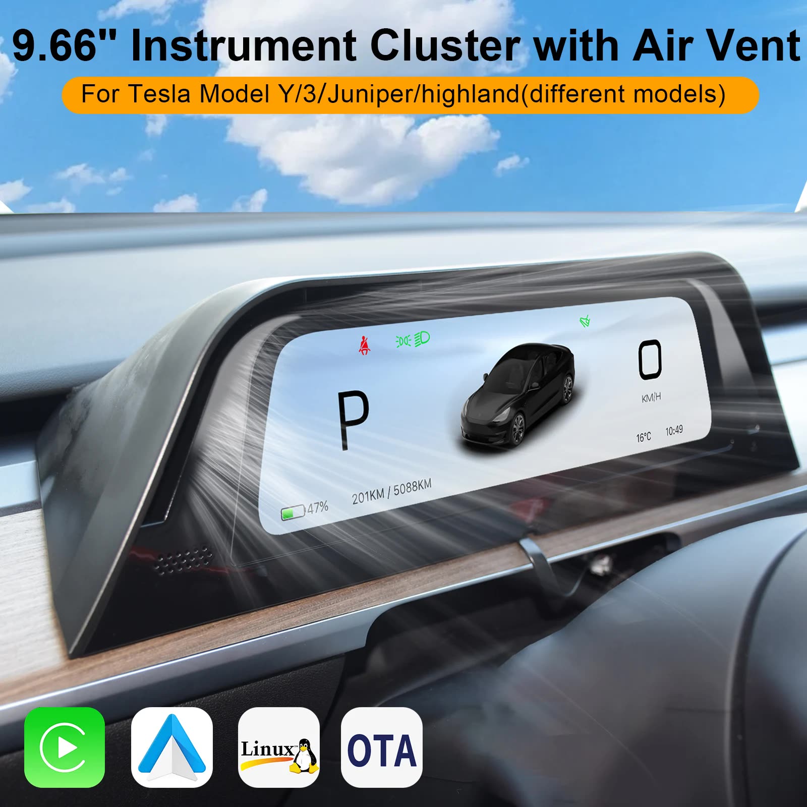 Produktfoto des Cockpit-Displays auf dem Tesla-Armaturenbrett mit den Logos Apple CarPlay, Android Auto, Linux und OTA.