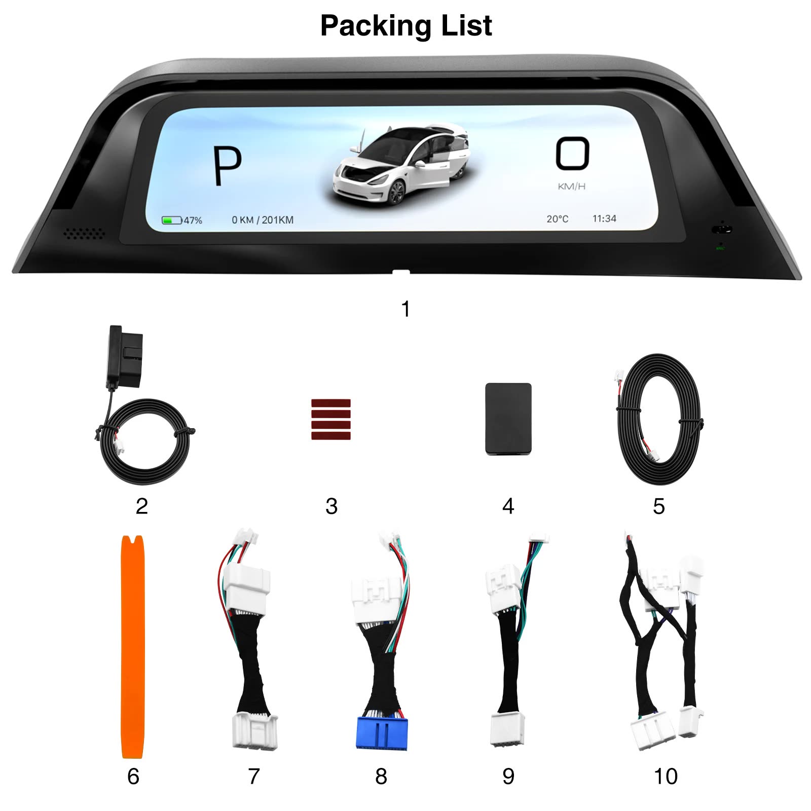 Hersteller-Foto des Lieferumfangs: Display, OBD-Adapter, Klebepads, GPS-Antenne, Verbindungskabel, Demontage-Werkzeug und vier modellspezifische Adapter.
